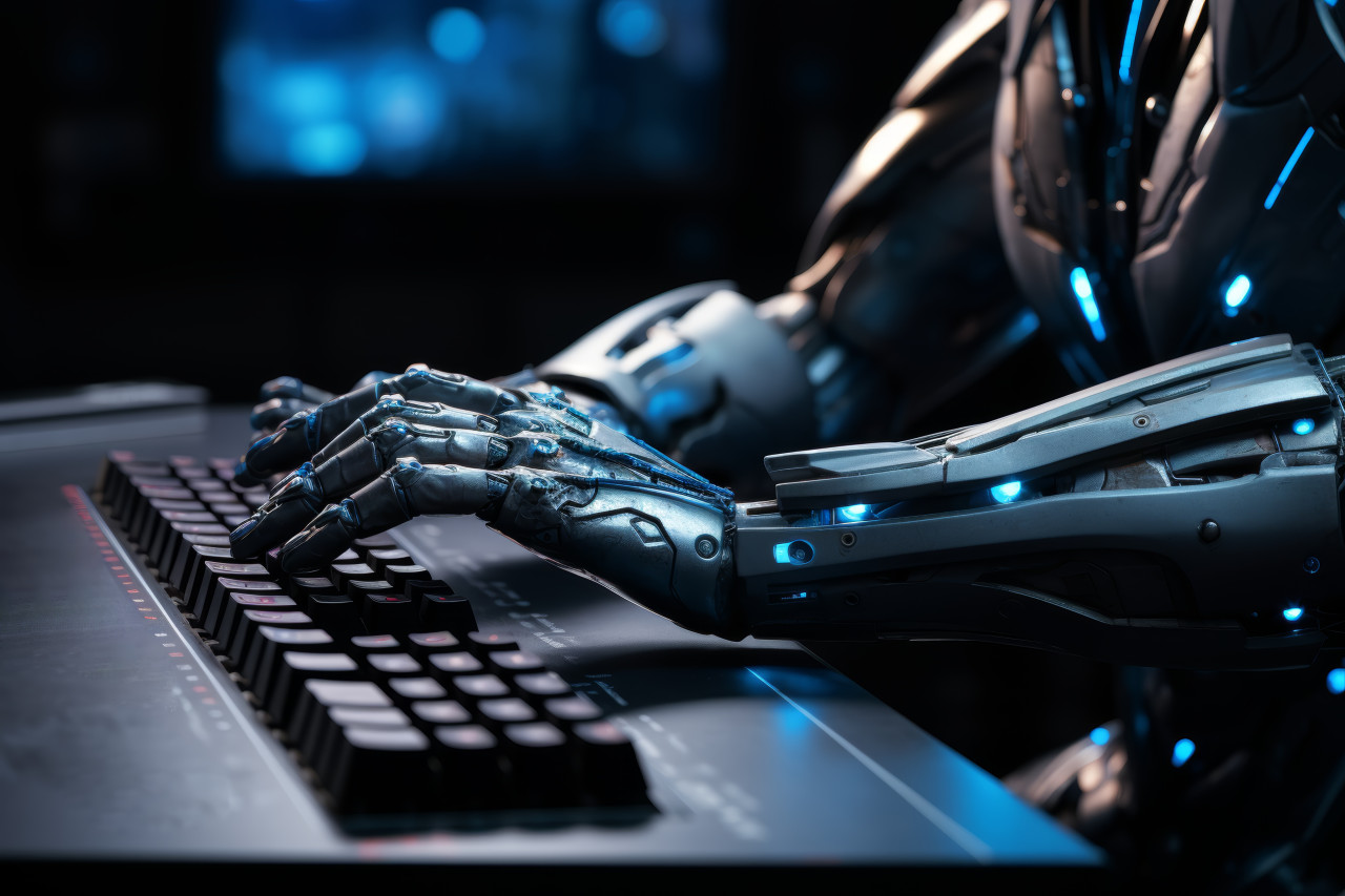 Robotic hand typing on a keyboard demonstrating futuristic technology in human machine interaction, robot working with human in factories image