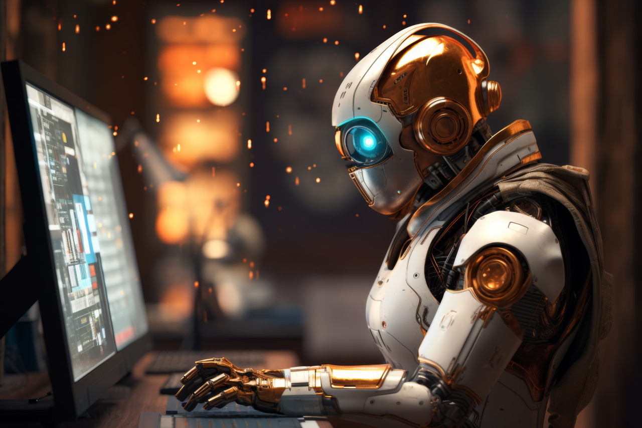 Robot standing computer screen graph underneath, robot working with human in factories picture