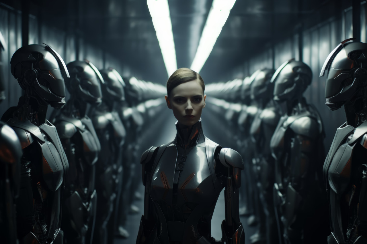 Robots navigating a cinema maze exploring corridors and adding a futuristic touch to the movie theatre ambiance, robot working with human in factories image