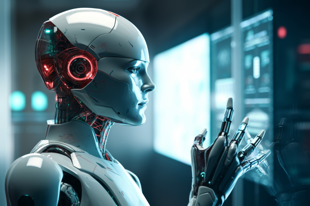 Robot holds avatar symbol touches screen futuristic interaction concept, robot working with human in factories picture