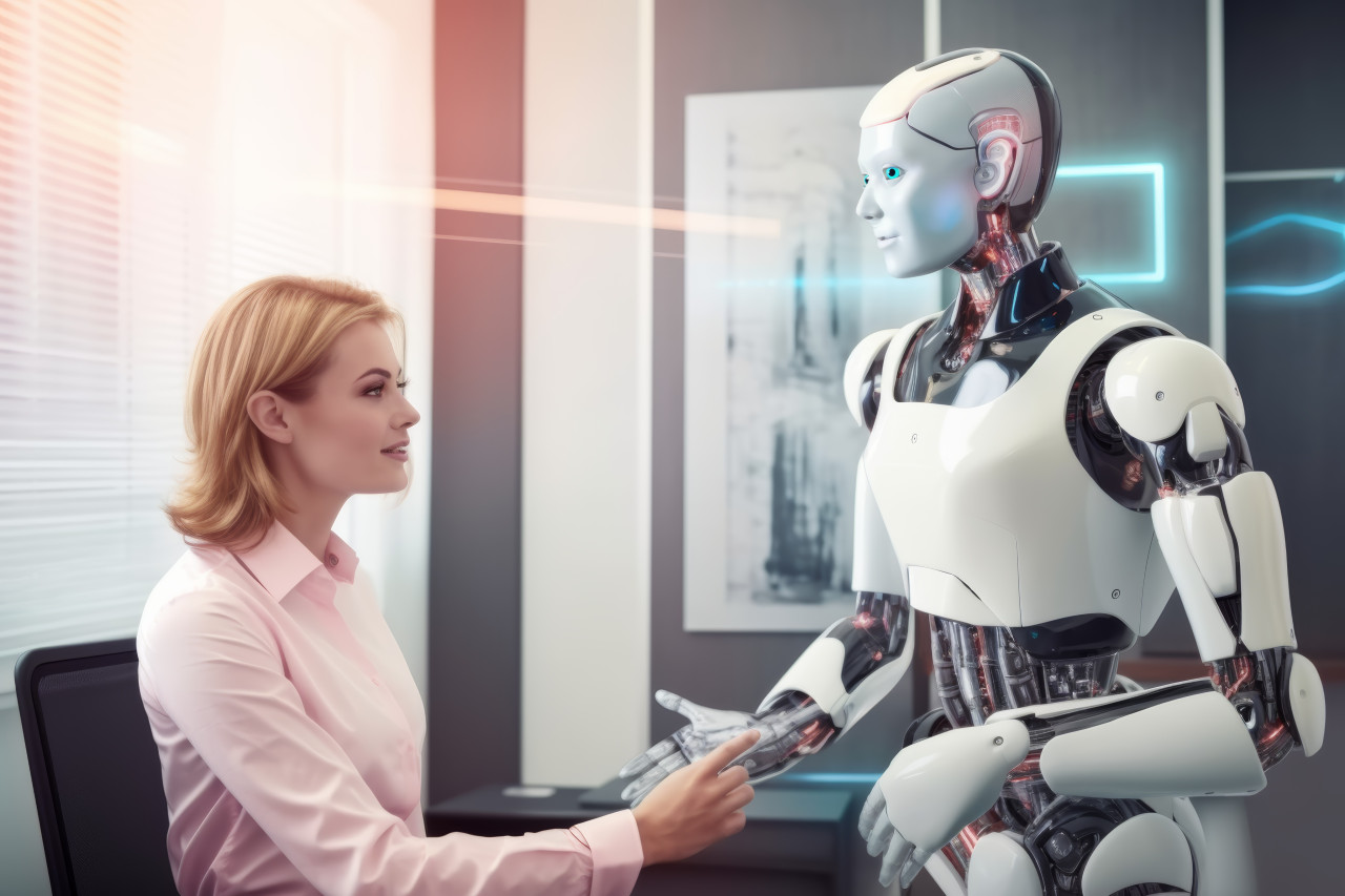 Robot stands before a woman in a conference room engaging in a futuristic interaction blending technology and human presence, robot working with human in offices concept