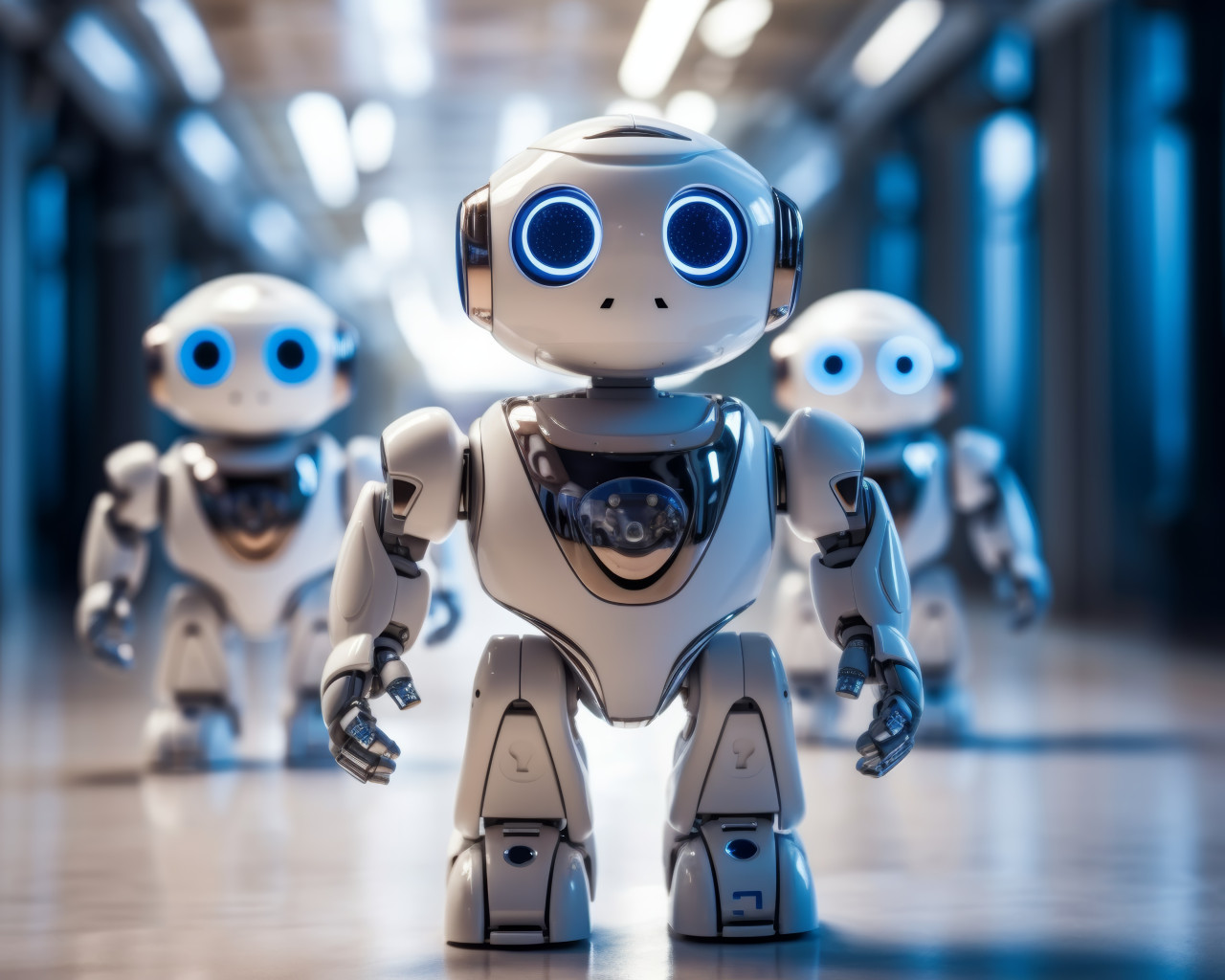 Two white robots walking down a corridor exploring futuristic surroundings, robot working with human in factories picture