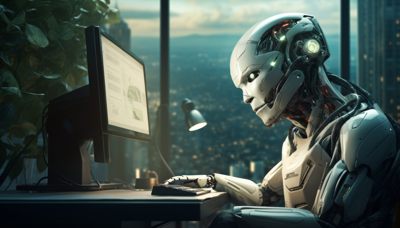 Robot sitting at computer table in office, robot working with human in factories picture