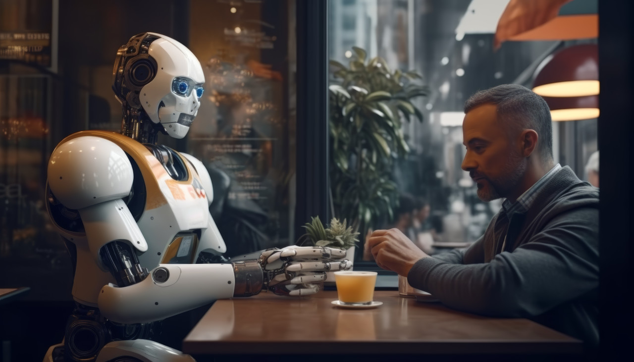 Man and robot enjoy cafe time together chatting and sipping drinks in a cozy setting, robot working with human in offices photo