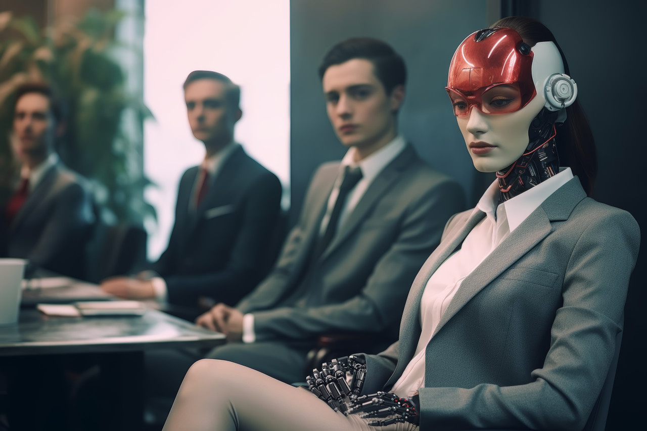 Business people sit in office next to robot discussing ideas and technology in a collaborative workspace, robot working with human in offices concept