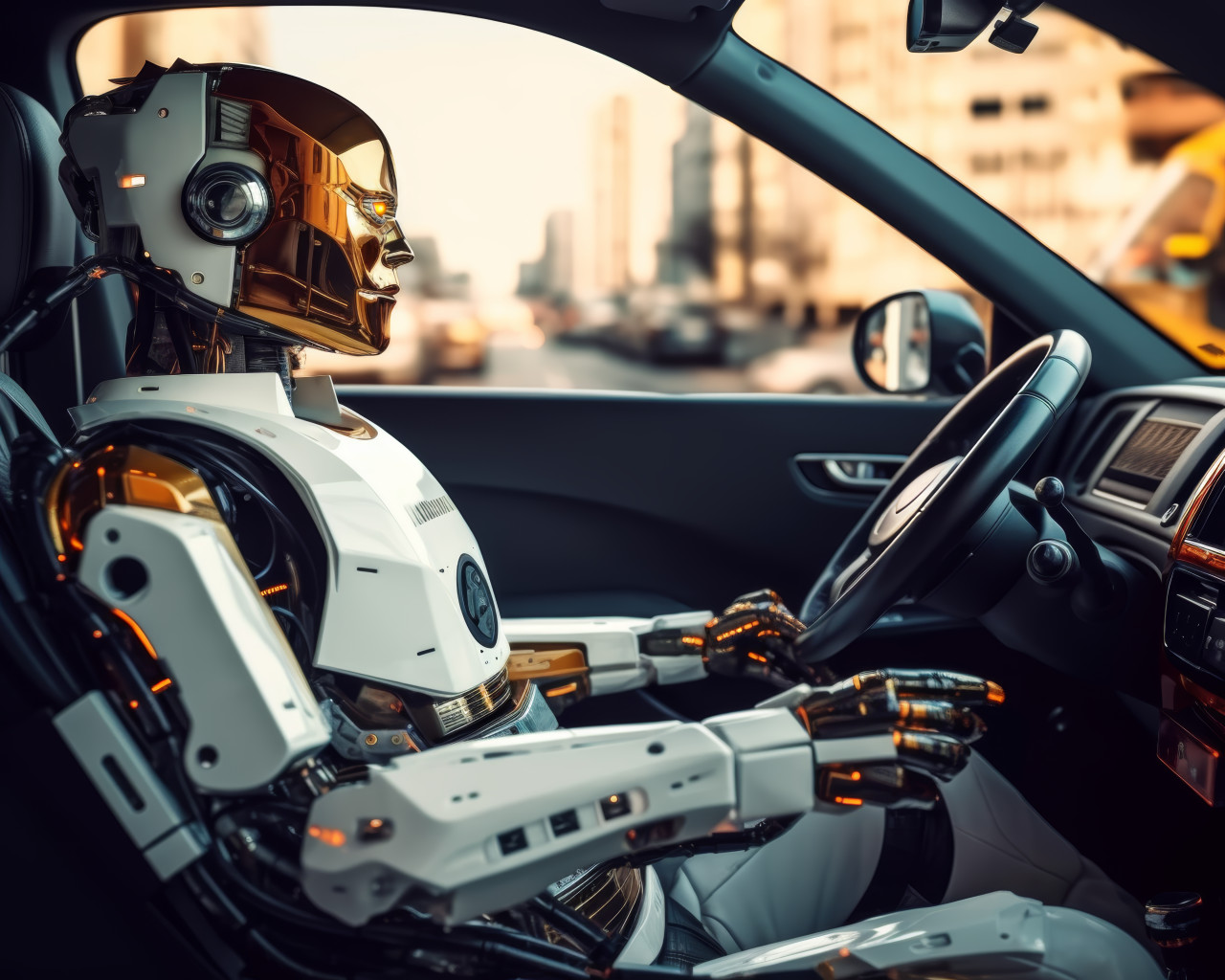 Robot sitting in car futuristic technology concept automation in vehicle artificial intelligence passenger in automobile, robot working with human in offices picture