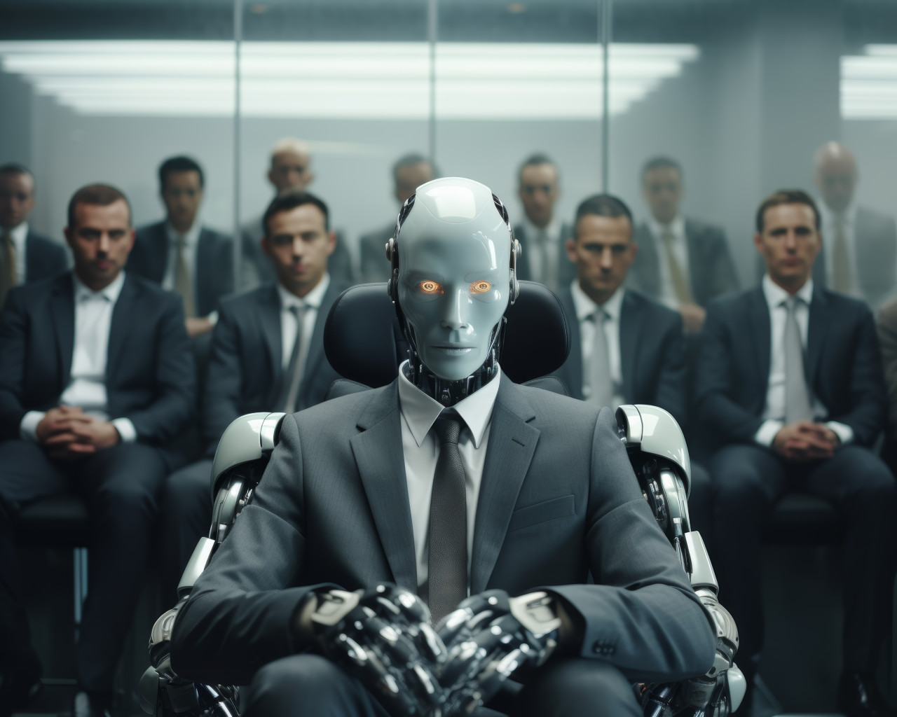 Robot sits in a room full of people capturing attention with its presence and sparking curiosity among the audience, robot working with human in offices picture