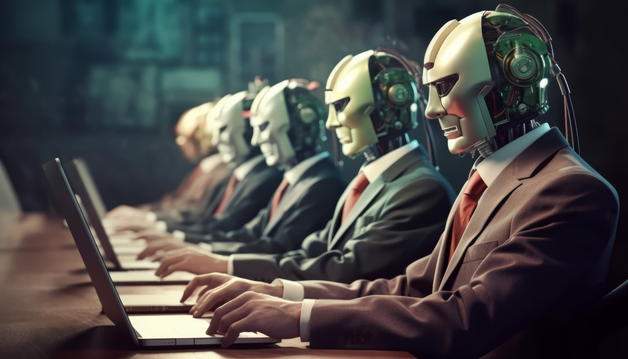 Five robotic faces work on a human body at a desk while a guy in a suit observes the futuristic scene, robot working with human in offices picture