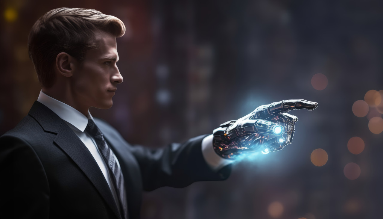 Business man in suit shows hand to robot demonstrating collaboration and future technology partnership, robot working with human in offices picture