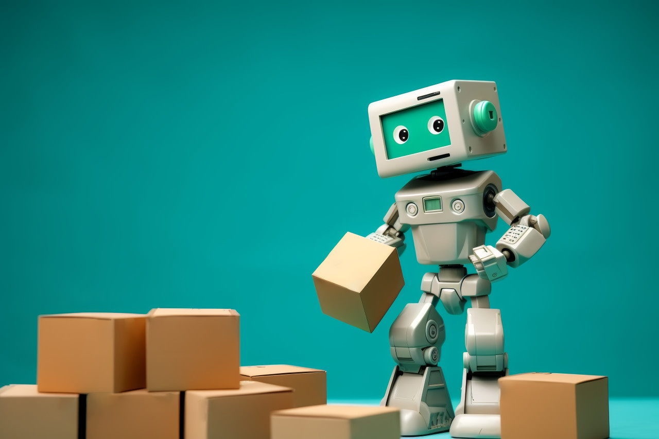 Robot at the mall holding boxes for delivery and assistance showcasing efficient automation in action, robot working with human in offices picture