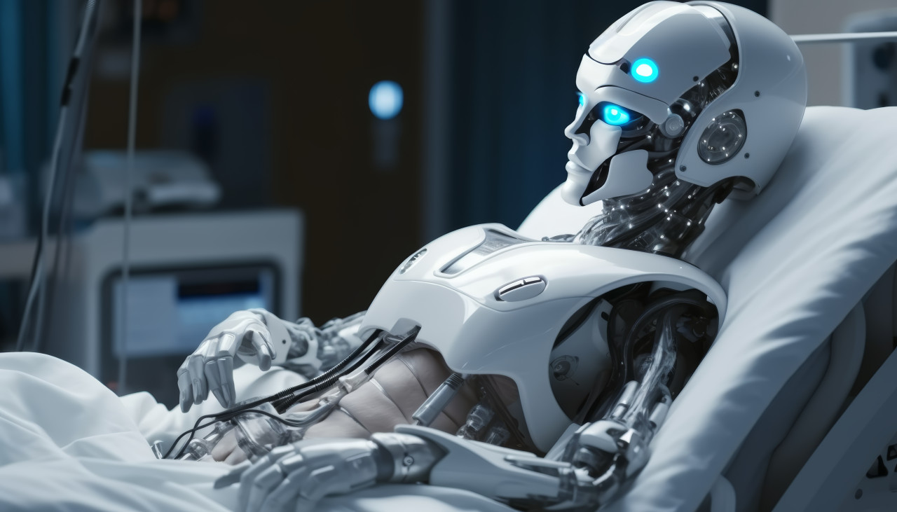 White robot sits calmly in hospital bed observing surroundings with curiosity, robot working with human in hospitals picture