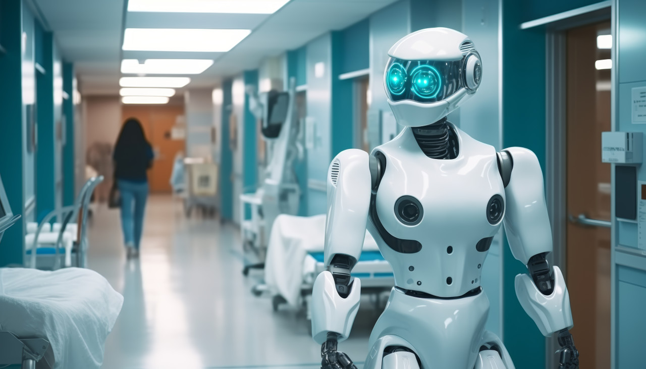 Robot standing in hospital hallway, robot working with human in hospitals image