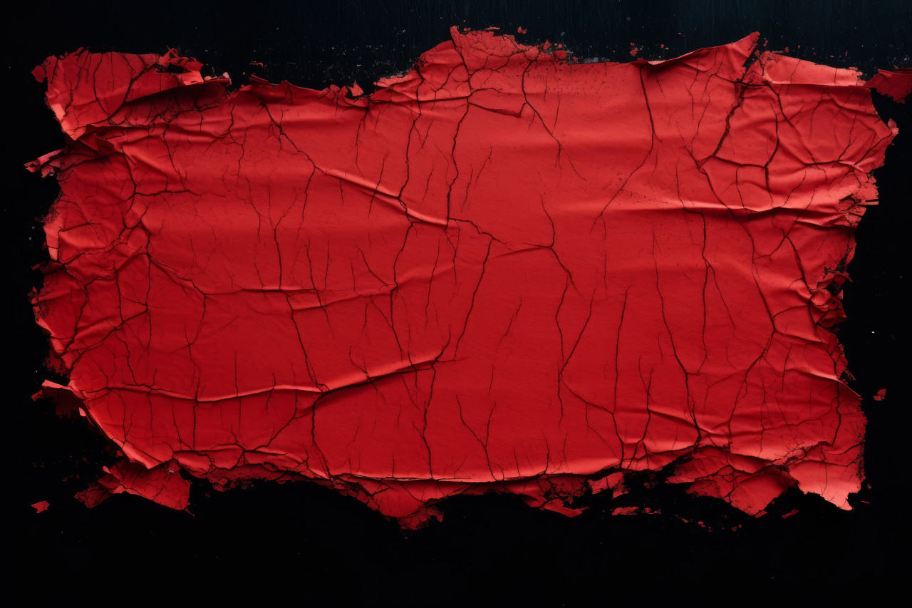 Red paper on black background, aged parchment texture concept