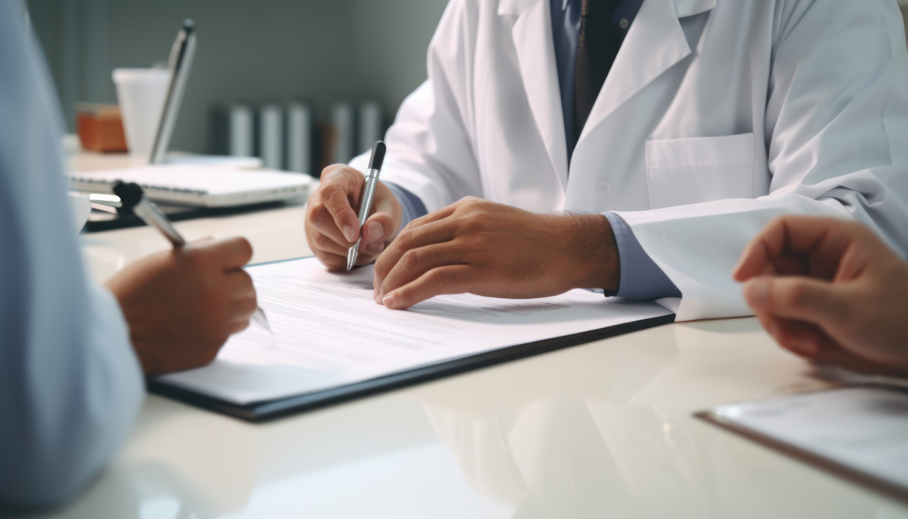 Doctors writing research paper for finance planning insurance and medical trust in meeting collaboration for surgery approval, health insurance forms concept