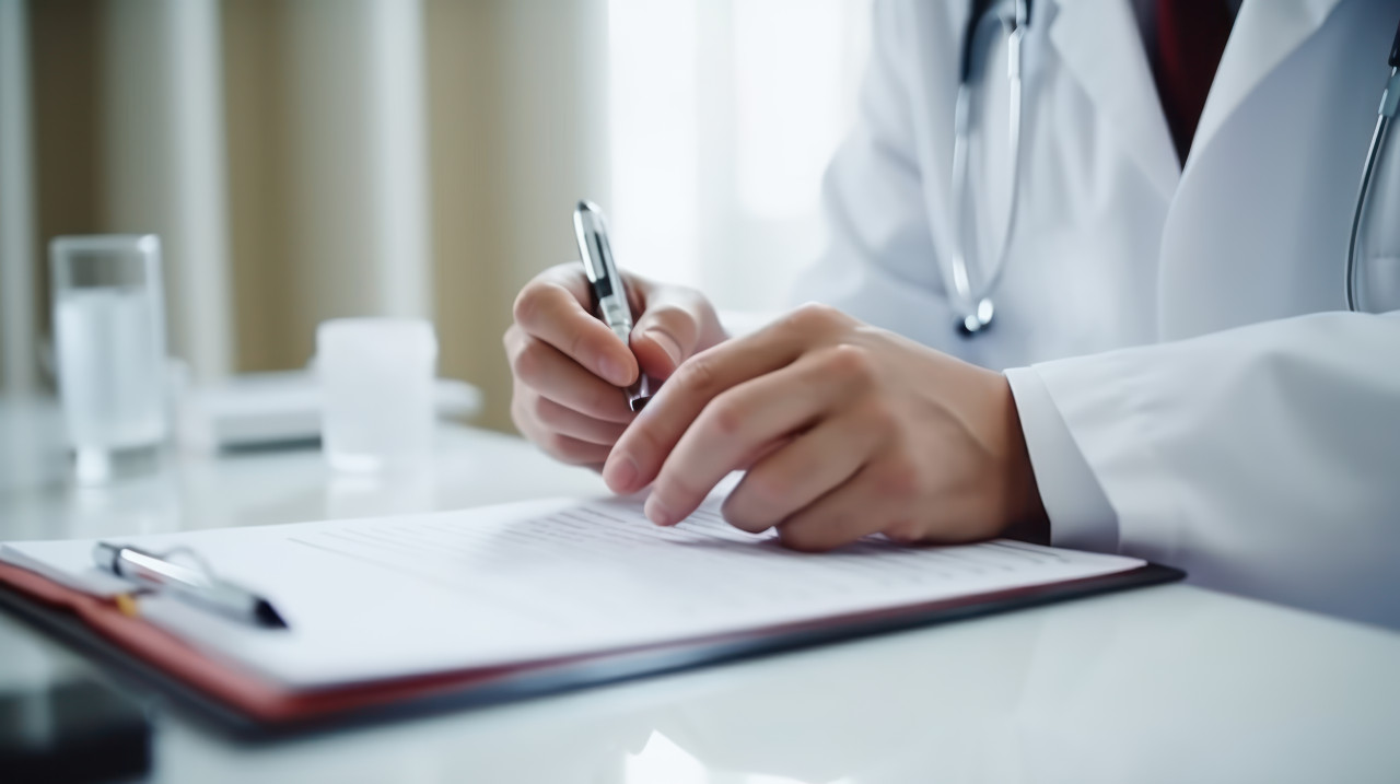 Doctor hands write on checklist for health info at desk medical woman on chart for prescription notes paperwork in hospital, health insurance forms photo