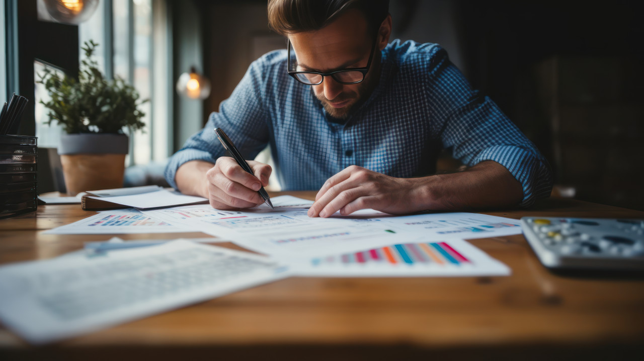 Person meticulously plans finances with calculator pen and documents on wooden table showcasing fiscal responsibility and tax preparation, invoicing and billing photo