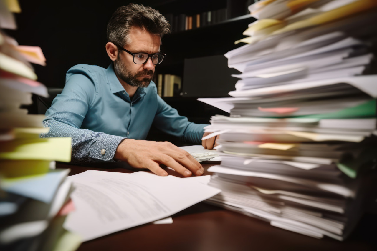 Businessman working amidst stacks of papers searching for unfinished paperwork and checking financial documents on a busy table, education paperwork concept