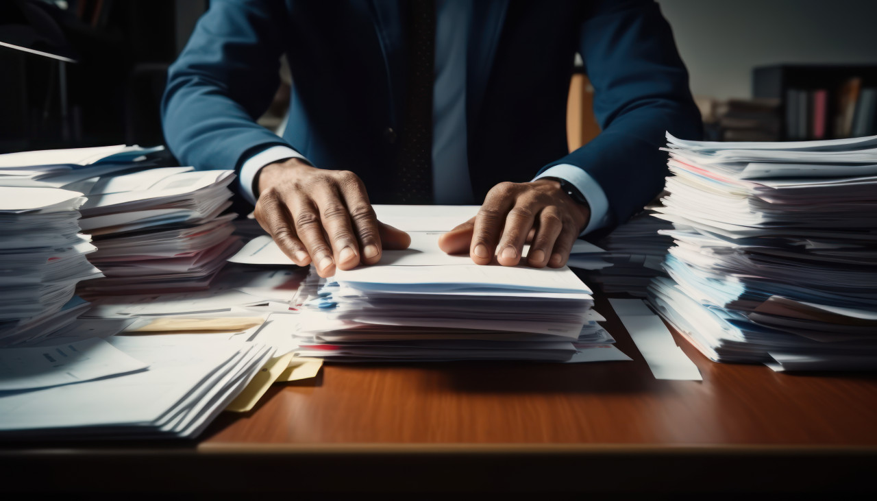 Business professional organizes paperwork on desk ensuring order and efficiency in the work environment, education paperwork concept