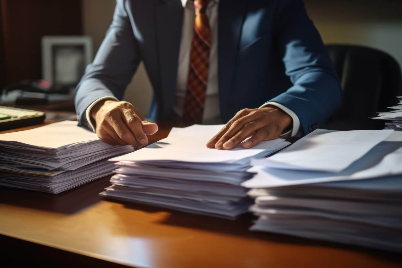 Business professional organizes paperwork on desk, education paperwork concept