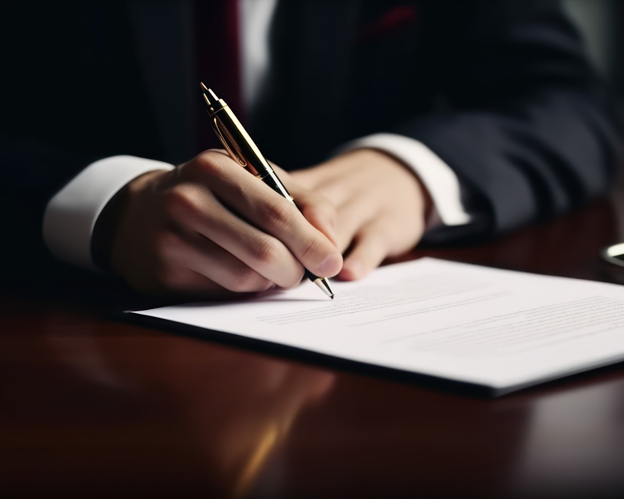 Businessman signs contract with pen on desk document, education paperwork photo