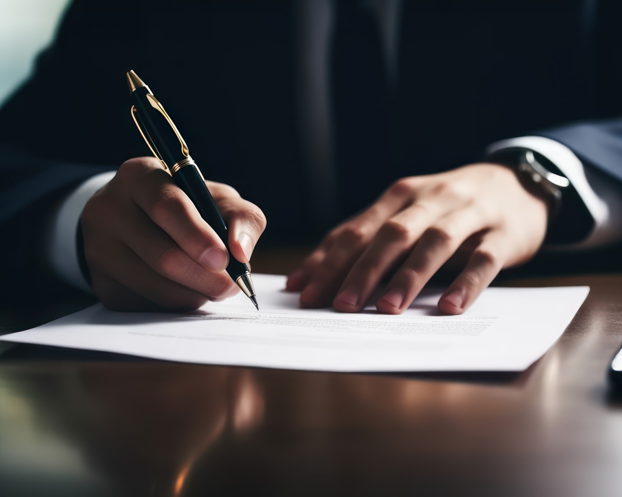 Businessman signing contract with pen on desk document office agreement, education paperwork concept