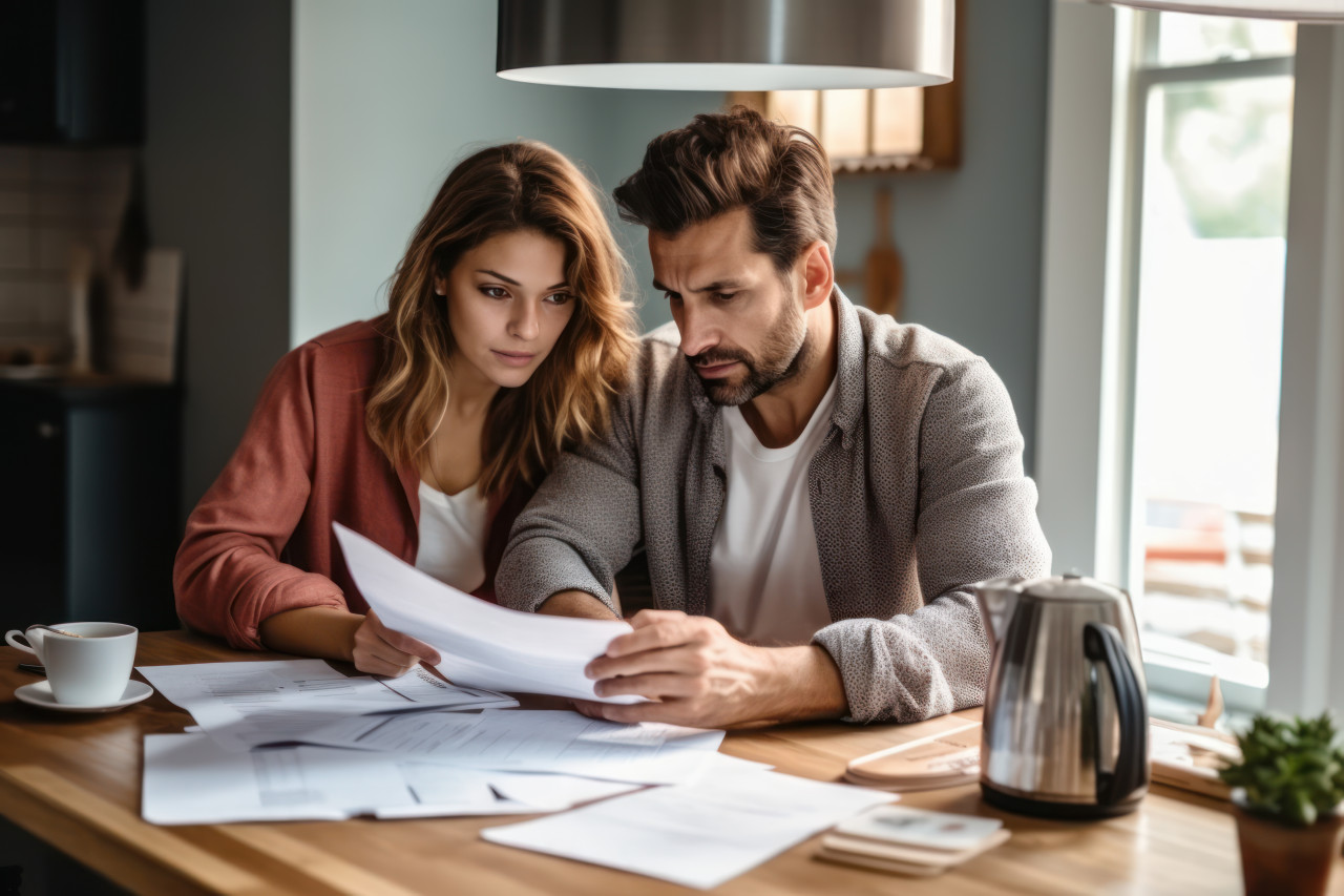 Young couple reviewing bills managing payments in the kitchen discussing financial responsibilities and planning together, invoicing and billing photo