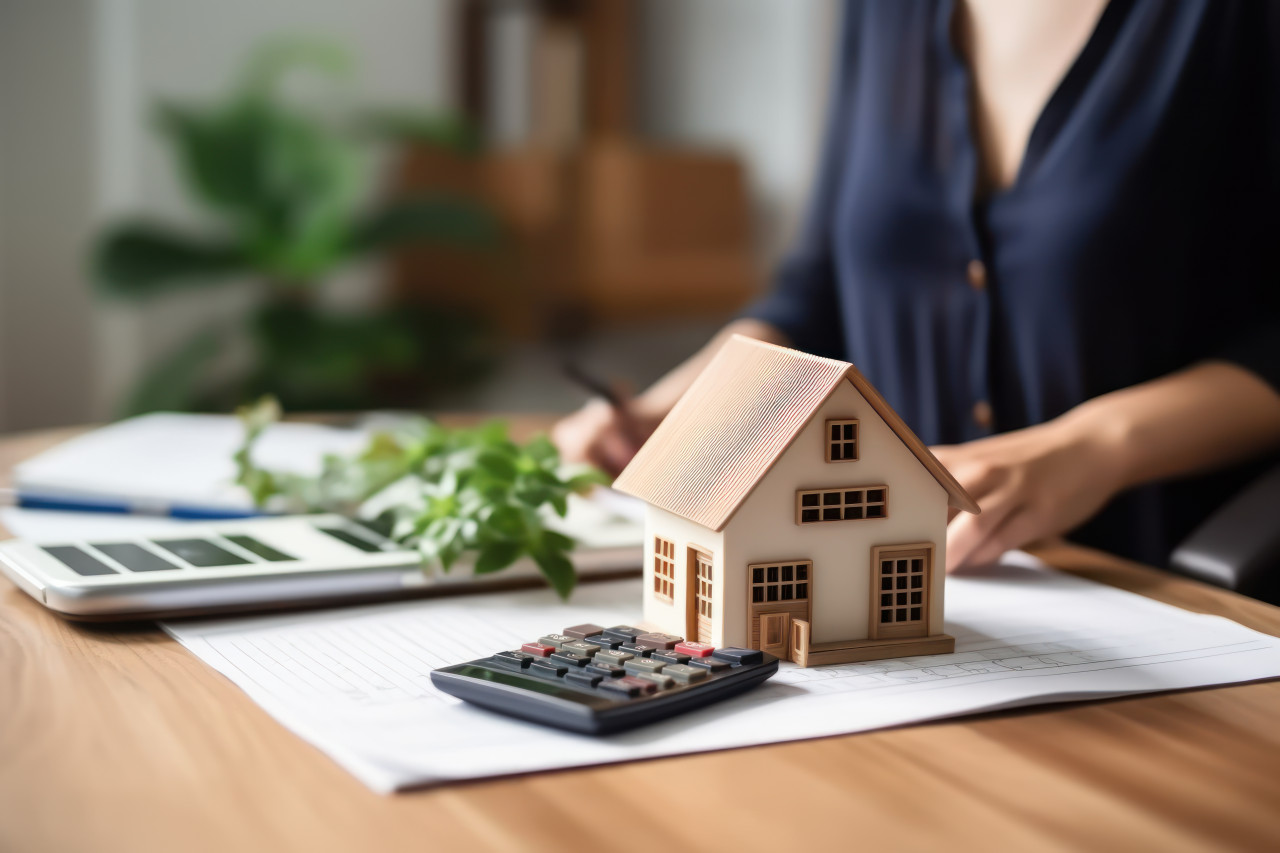 Woman renter using calculator for financial accounting managing expenses calculating bank loan and handling paperwork for real estate, home loan paperwork photo