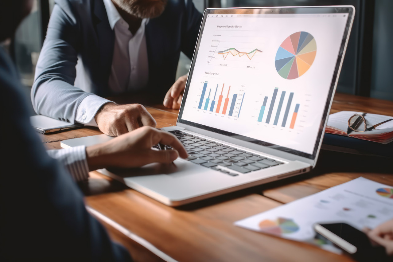 Business team analyzes income charts and graphs using a modern laptop for strategic planning and analysis, corporate paper reports photo