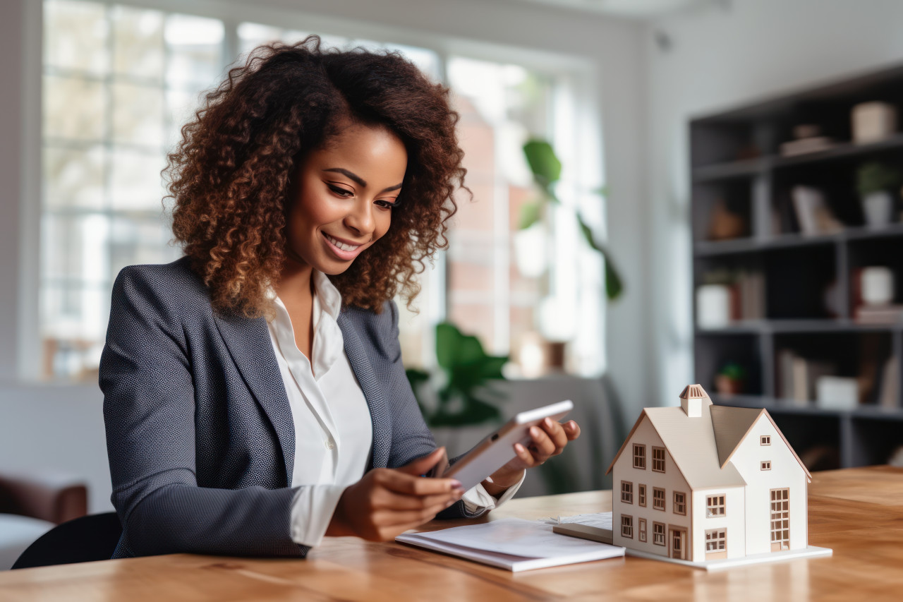 African american businesswoman real estate agent using smartphone and calculator to offer mortgages in home finance concept, home loan paperwork concept