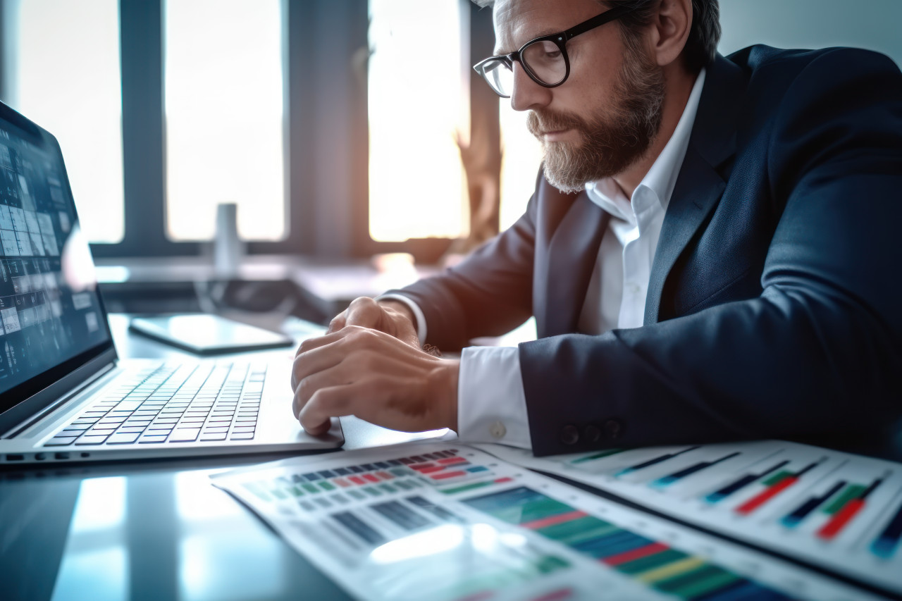 Businessman accountant analyzes business report graph and finance chart in corporate office for finance economy banking business and stock market research, corporate paper reports concept