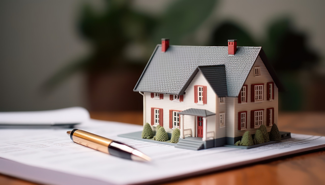 House model for sale keys on rental or buy home contracts estate property background home loan paperwork, home loan paperwork concept