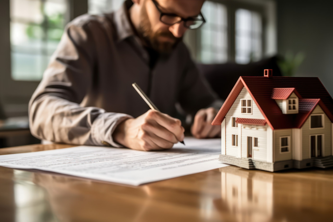 A man signs a contract to purchase his new home, home loan paperwork photo