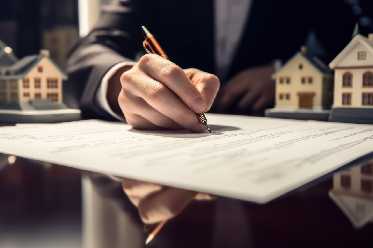 Person signing legal home loan paperwork for a new house ensuring a secure future, home loan paperwork concept