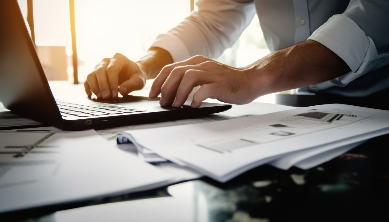 Businessman hand on laptop working with hr paperwork managing tasks efficiently, human resources paperwork photo