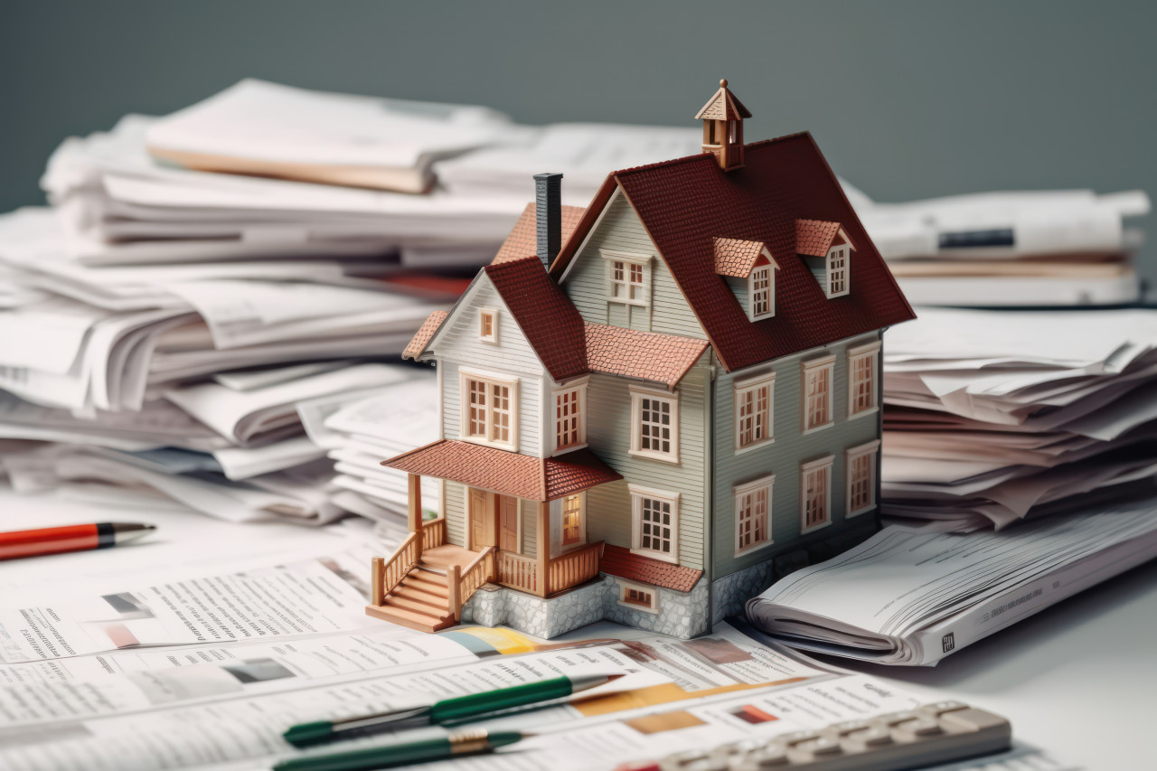 Real estate mortgage loans and paperwork on a desk with a pen emphasizing the process of securing a property investment through documentation, home loan paperwork photo