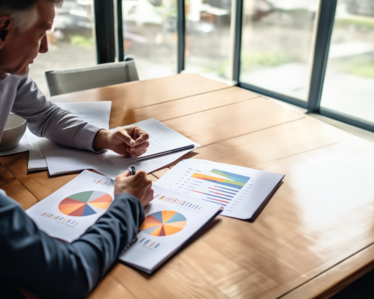 Young businessmen point to a graph strategizing in a business meeting analyzing financial and market data for a new project in an office with paperwork, human resources paperwork concept