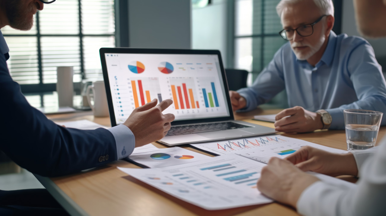 Business leaders analyze data plan marketing strategy and discuss statistics for company growth in a meeting with finance managers, human resources paperwork concept