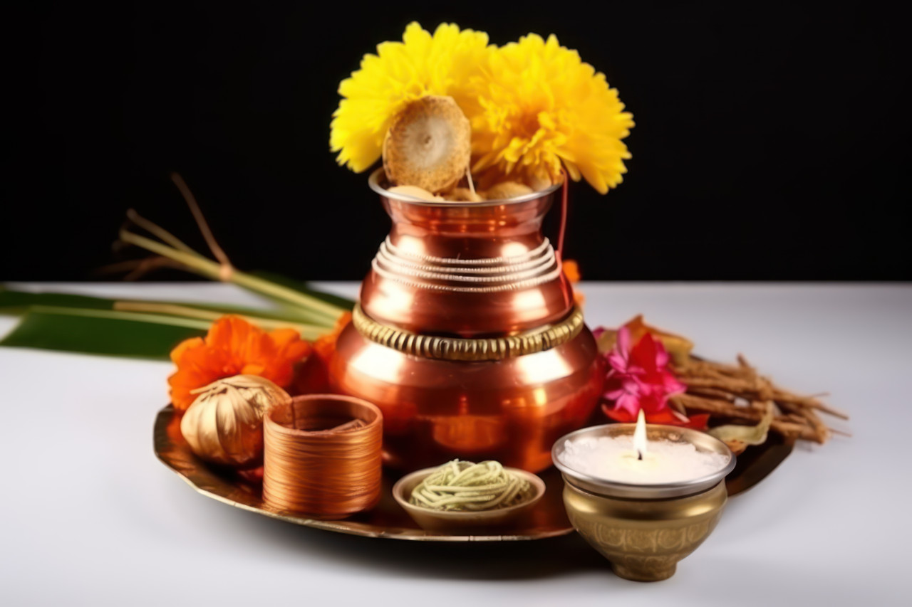 Copper kalash with coconut mango leaf pooja thali diya kumkum and sweets in a beautiful floral setting on a white background,
