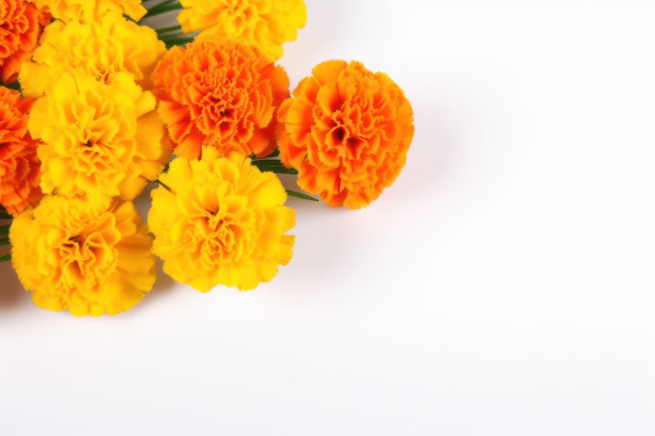 Vibrant orange and yellow marigold flowers beautifully isolated on a white background, gudi padwa traditional decoration concept
