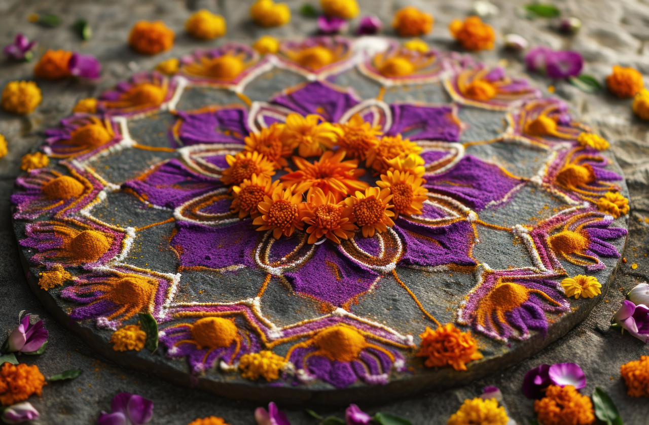 Vibrant rangoli festival in india transformed bringing joy and color to the streets, gudi padwa traditional decoration photo