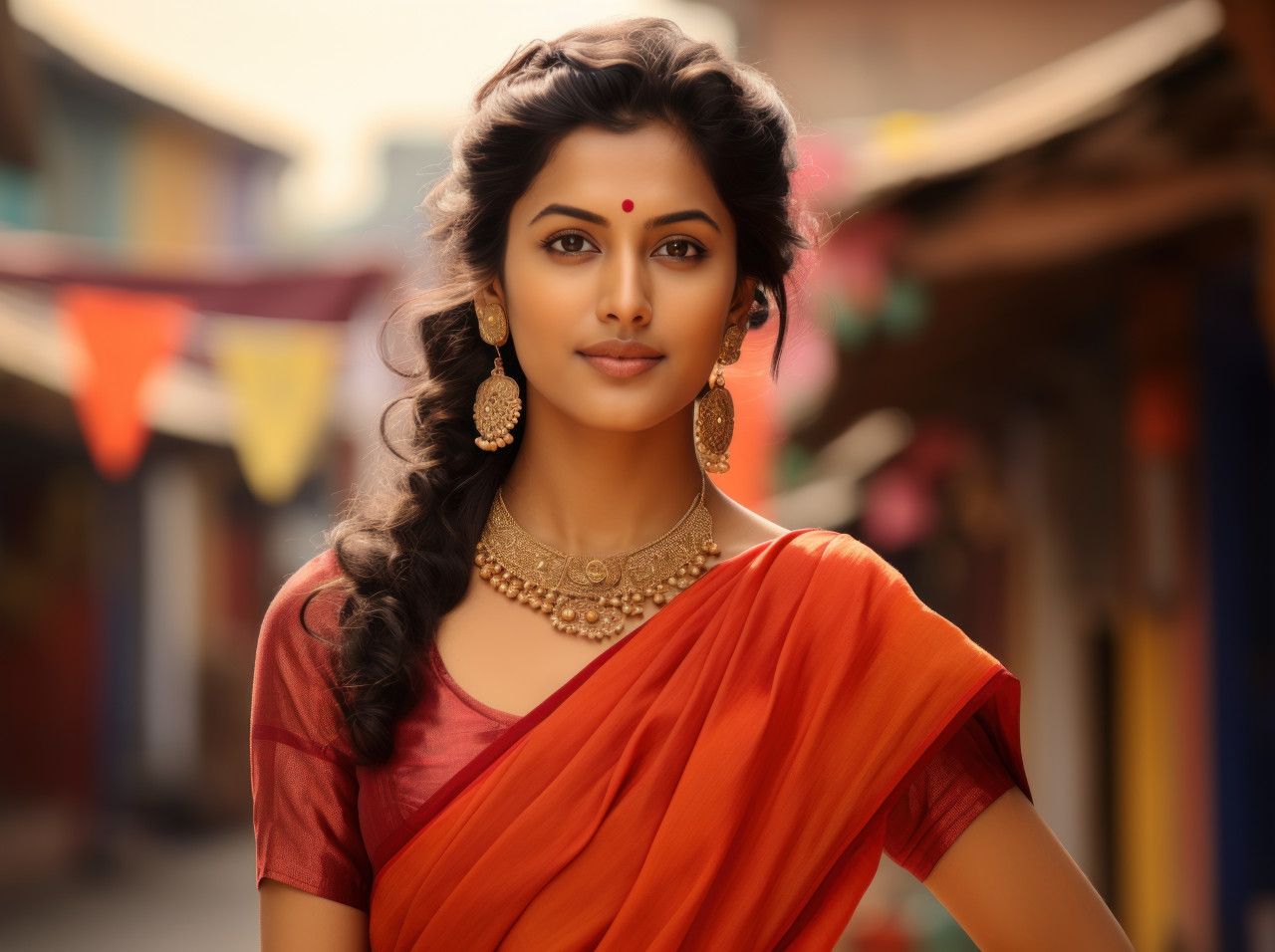 A indian people radiating charm in an orange and red saree, gudi padwa traditional clothing concept