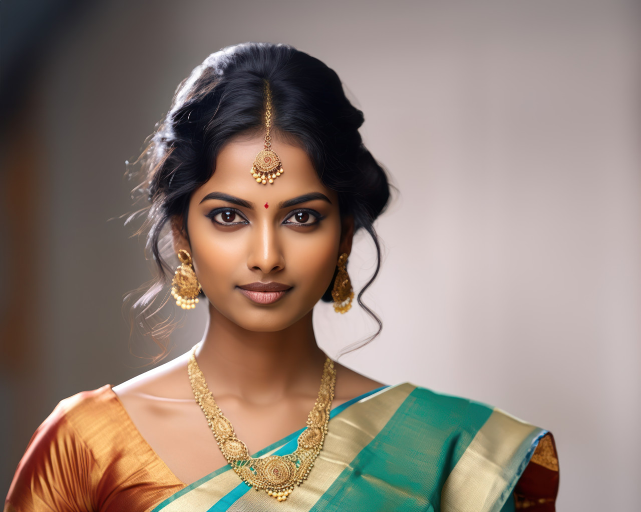 Portrait of a beautiful indian marathi woman adorned in a traditional sari and jewelry, gudi padwa traditional clothing concept