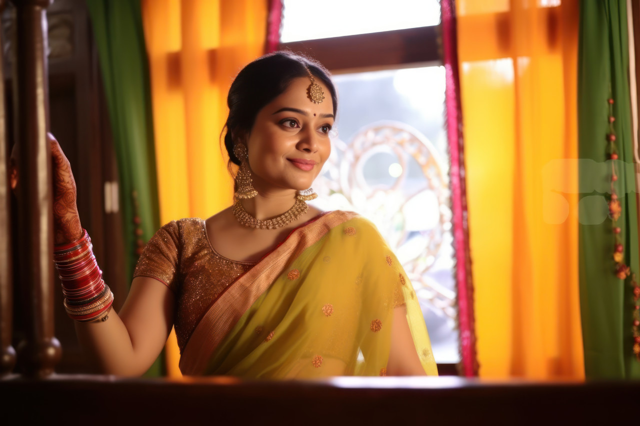 A beautiful indian marathi woman relaxes on a sofa in a maharashtra palace, gudi padwa family celebration concept