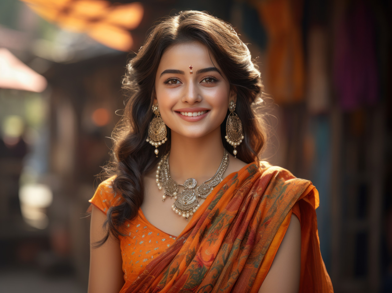 An indian girl wearing earrings posing with a smile in a vibrant sari for a delightful picture, gudi padwa traditional clothing photo