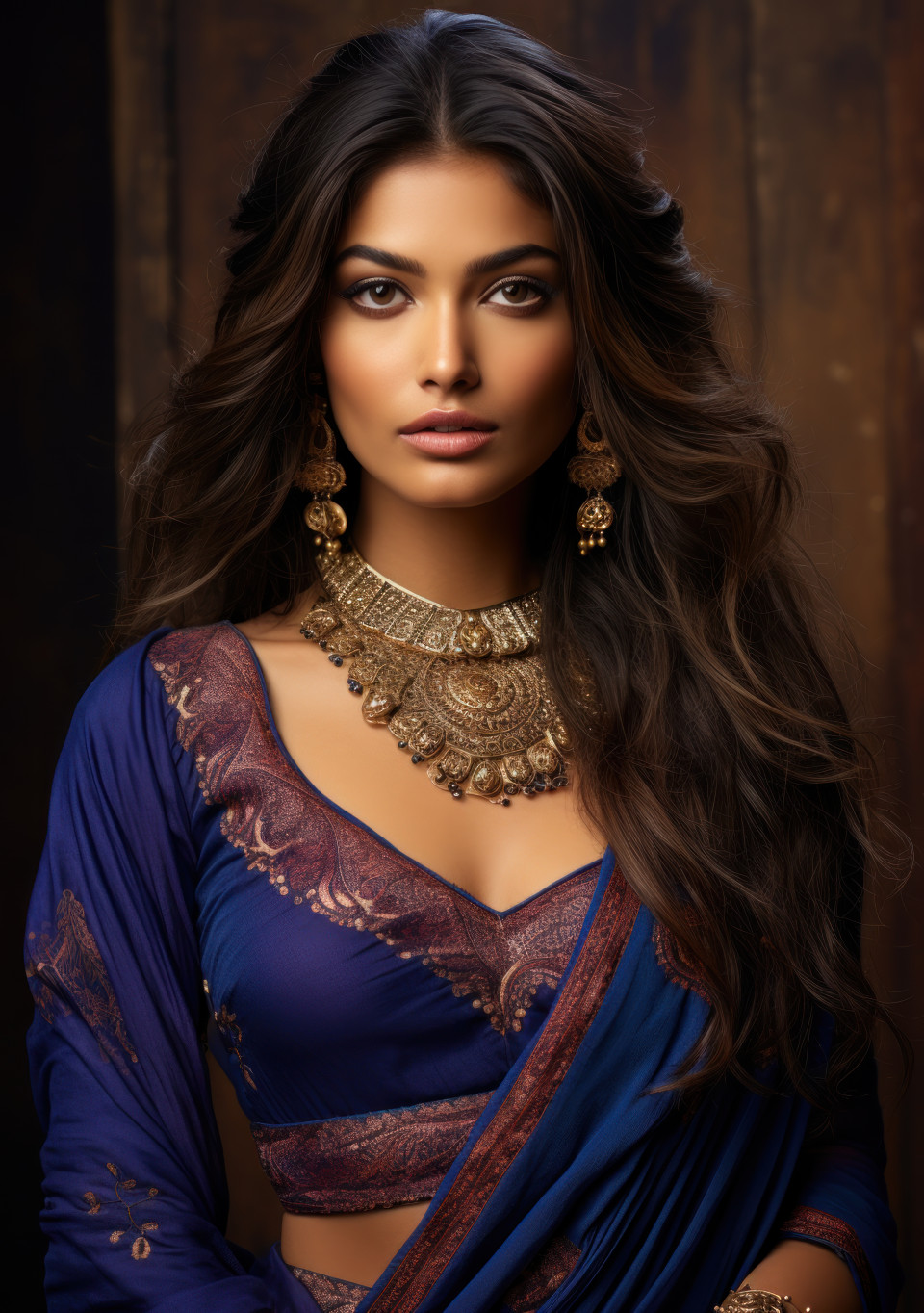 An indian lady radiates beauty in a blue and pink sari symbolizing the charm and richness of cultural attire, gudi padwa traditional clothing photo