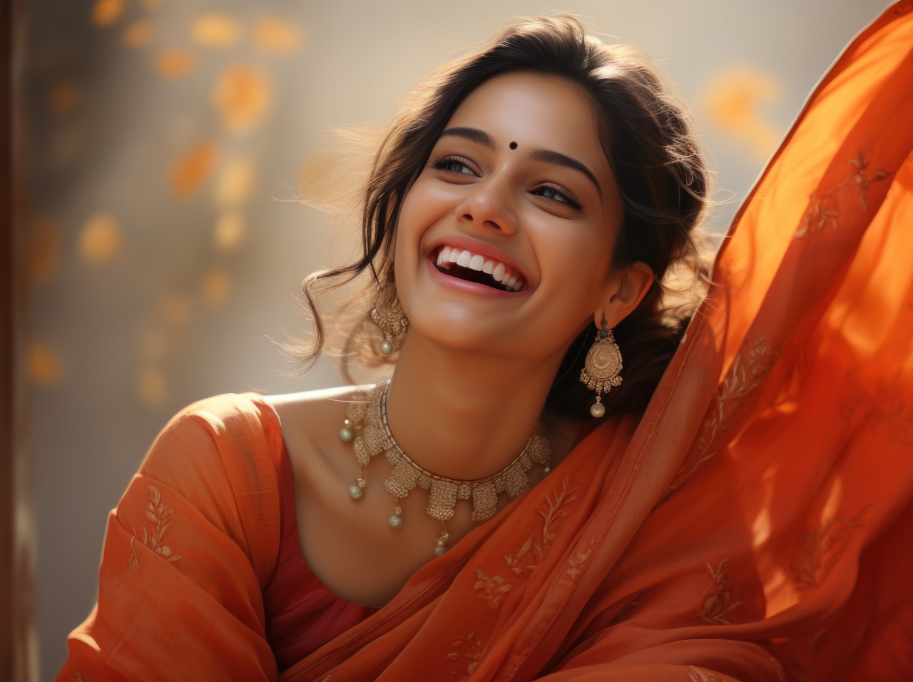 A woman in a brightly dyed orange sari showcasing pure joy as she smiles and laughs, gudi padwa traditional clothing concept