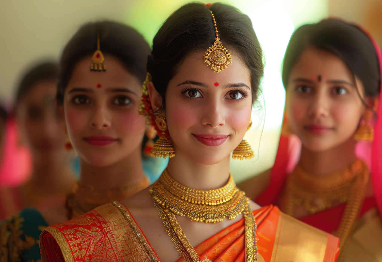 Vibrant family adorned in saris and bangles stands together celebrating cultural richness and traditions with joy and unity,