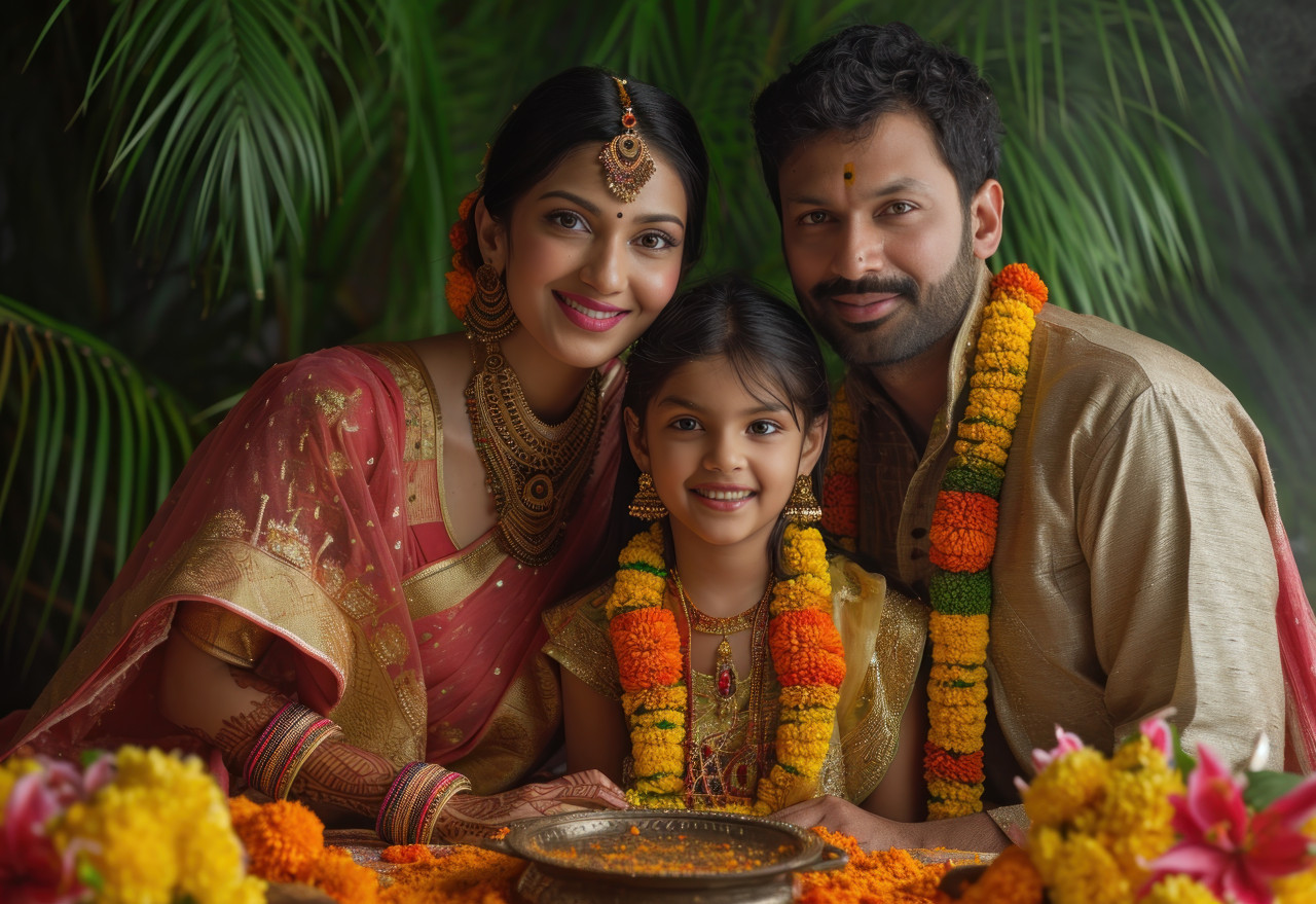 A joyous indian family proudly posing with a metal ornament celebrating their cultural heritage and unity, gudi padwa family celebration photo