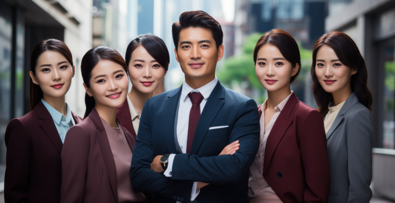 A photo capturing the essence of an asian business team showcasing teamwork and a shared commitment to success, mental health acceptance concept