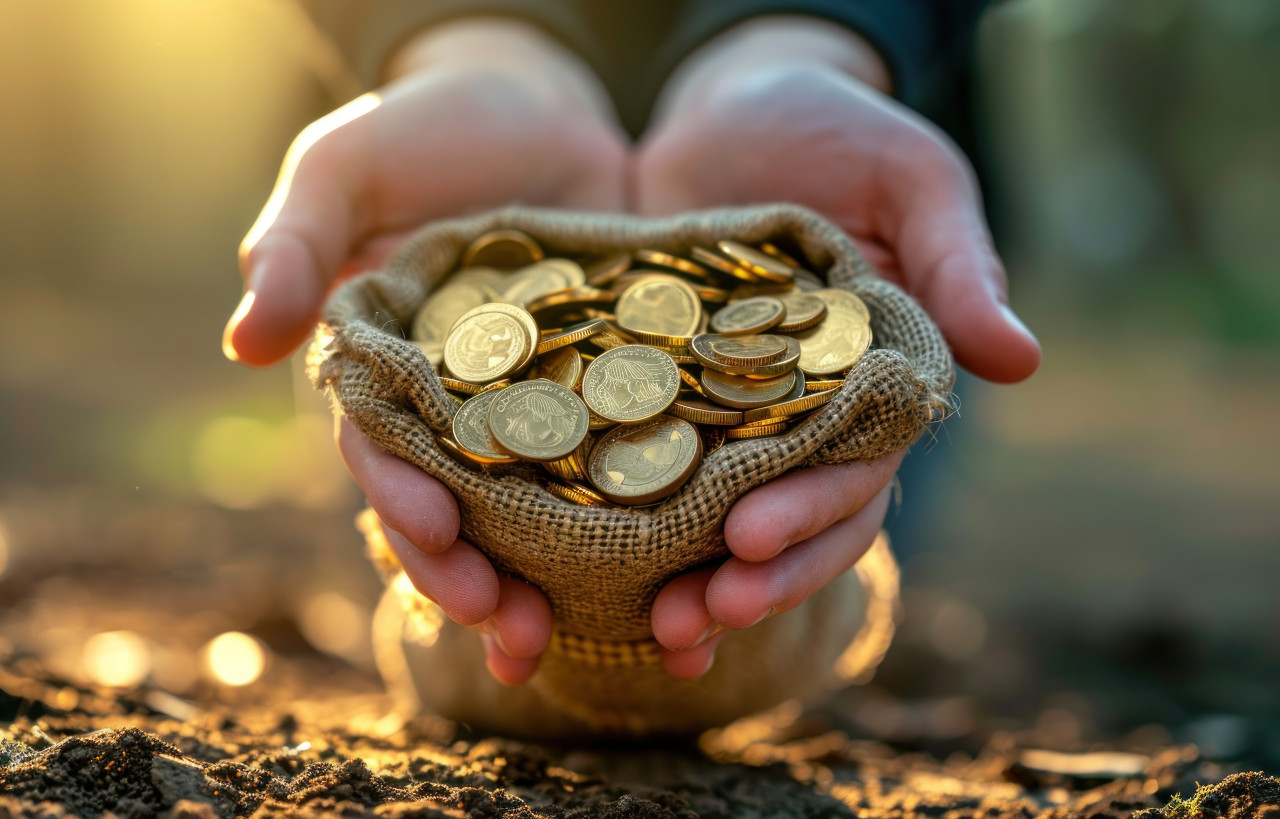 Reaching for a bag of coins these hands depict the pursuit of financial abundance and success, acceptance photo